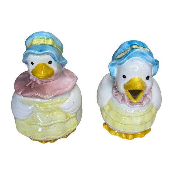 Lefton Duck Goose Pastel Bonnet Apron Sugar Bowl & Creamer Set Ceramic Vintage - Picture 1 of 8